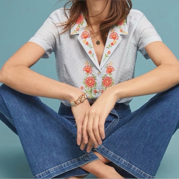 Maeve Tops - Anthropologie Maeve Pale Blue Christie Embroidered Short Sleeve Button Down 8